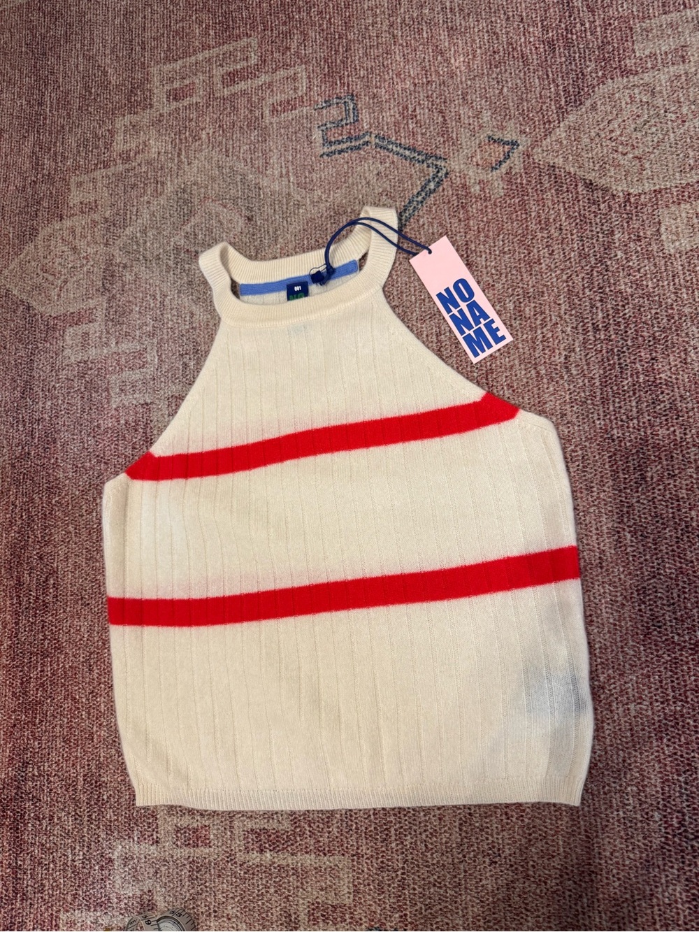 No Name brand cashmere Creme and red striped tank sweater NWT sm